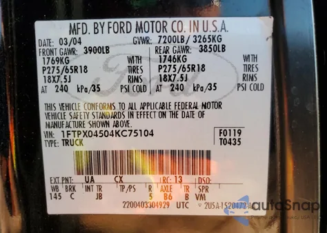 2004 Ford F150 z USA, uszkodzony, nr VIN 1FTPX04504KC75104